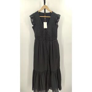 Quince Womens Organic Textured Cotton Smocked V-Neck Midi Dress True Black S NWT